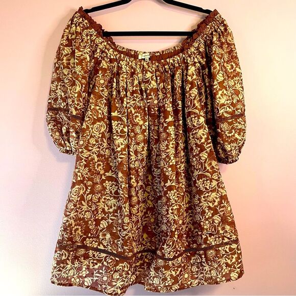 Olivaceous Avery Dress Boho Western Floral Lace Puff Short Sleeve Mini Medium - Picture 2 of 15